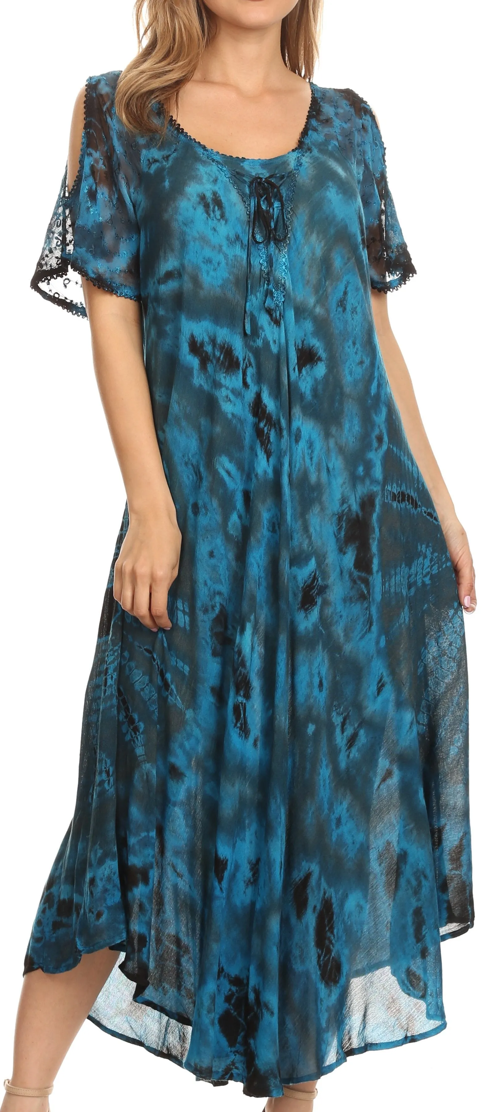 Sakkas Ada Women Cold Shoulder Caftan Relax Long Maxi Dress on Tie-dye with Corset