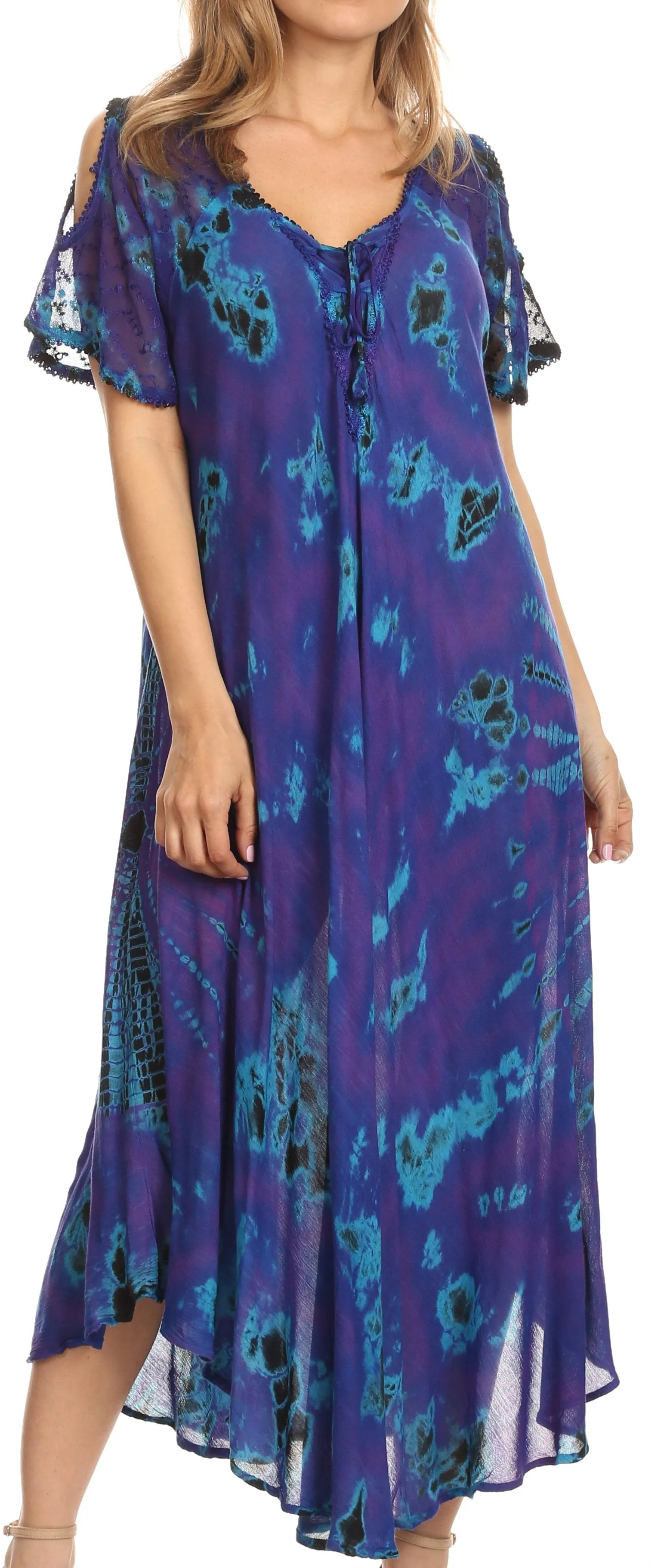 Sakkas Ada Women Cold Shoulder Caftan Relax Long Maxi Dress on Tie-dye with Corset