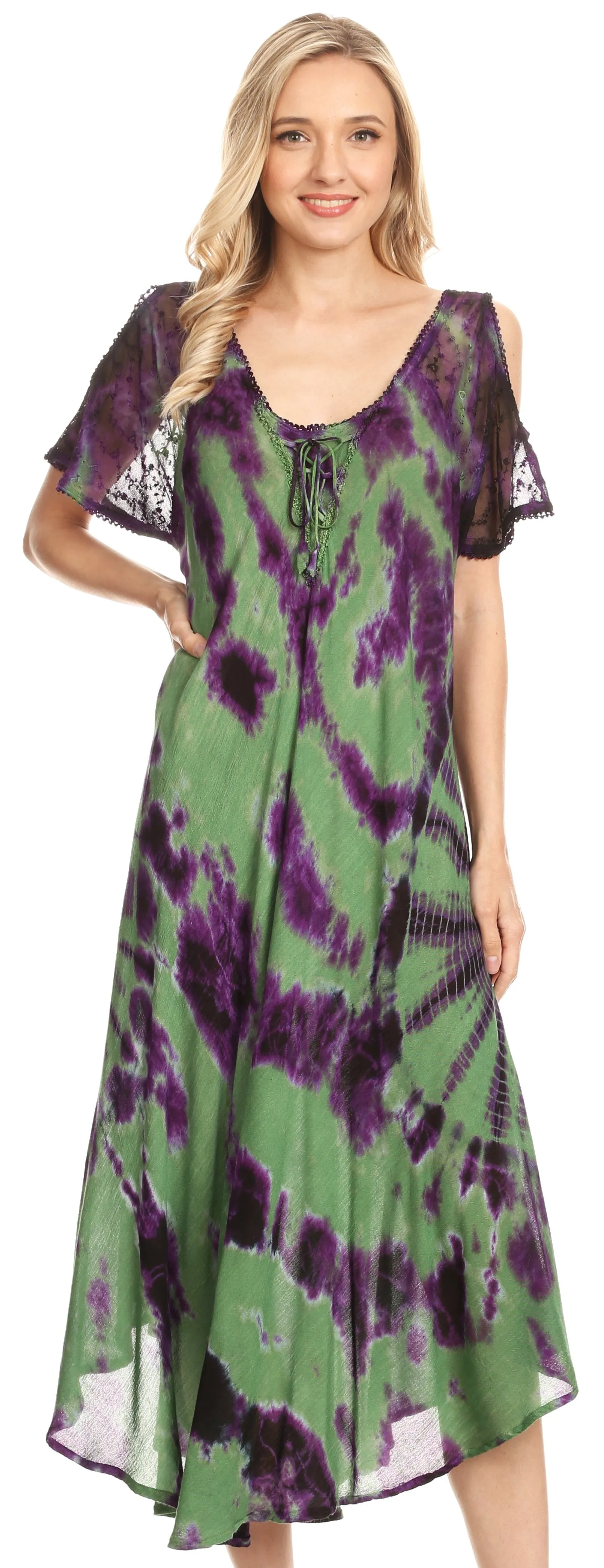 Sakkas Ada Women Cold Shoulder Caftan Relax Long Maxi Dress on Tie-dye with Corset