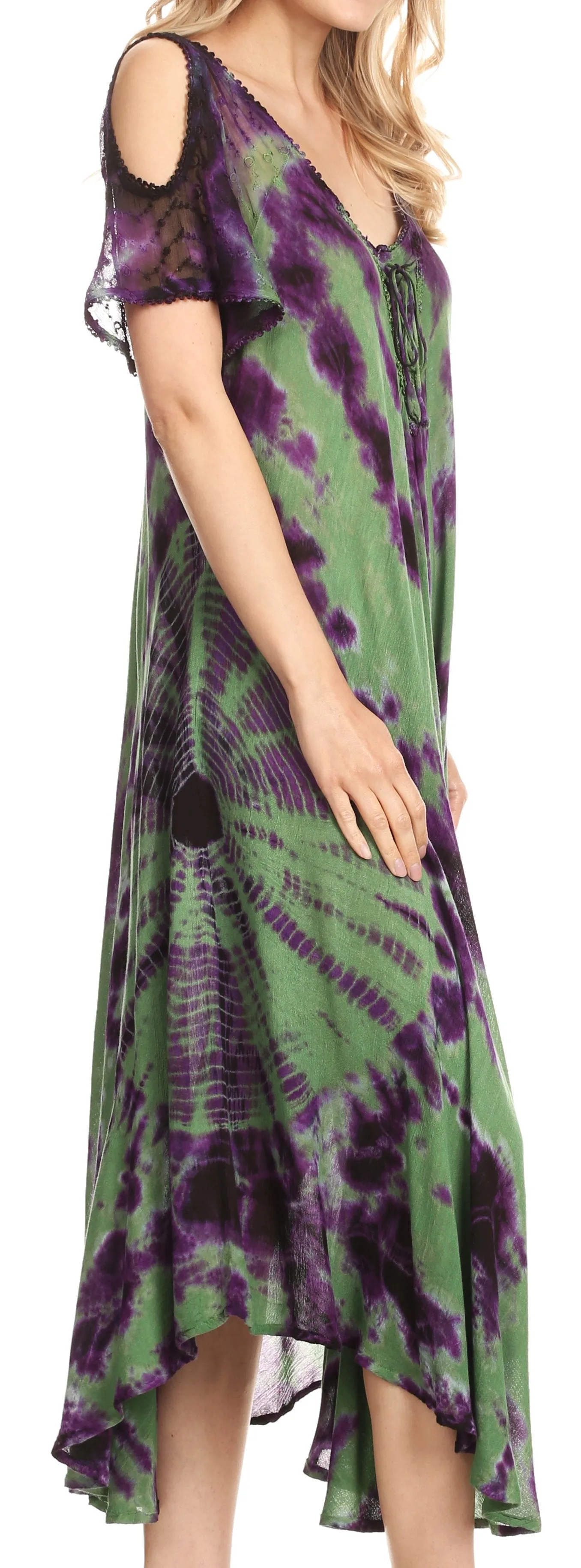 Sakkas Ada Women Cold Shoulder Caftan Relax Long Maxi Dress on Tie-dye with Corset