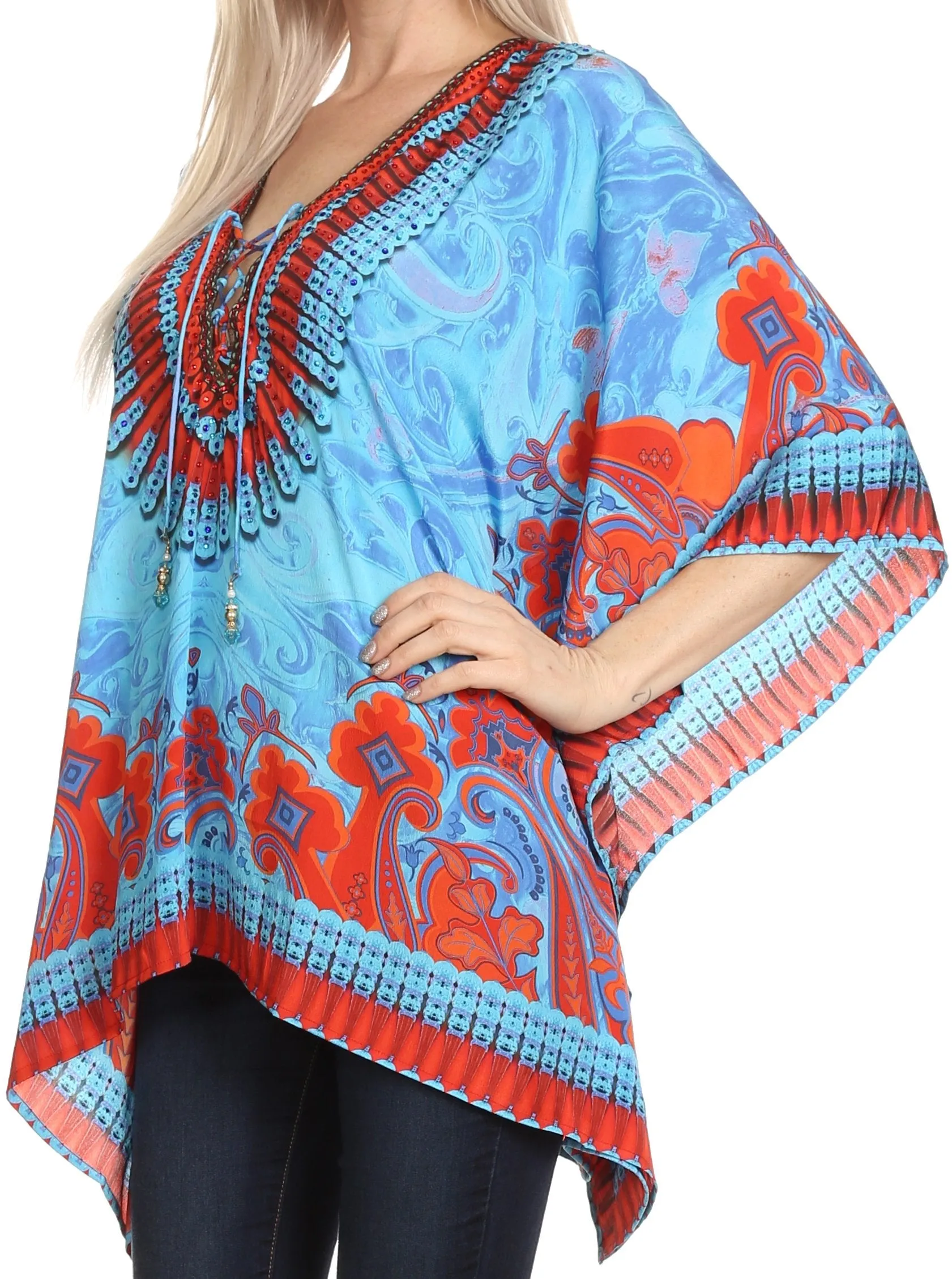 Sakkas Celeste Short V-Neck Lace Up Jewel Drawstring Poncho Coverup Kaftan Top