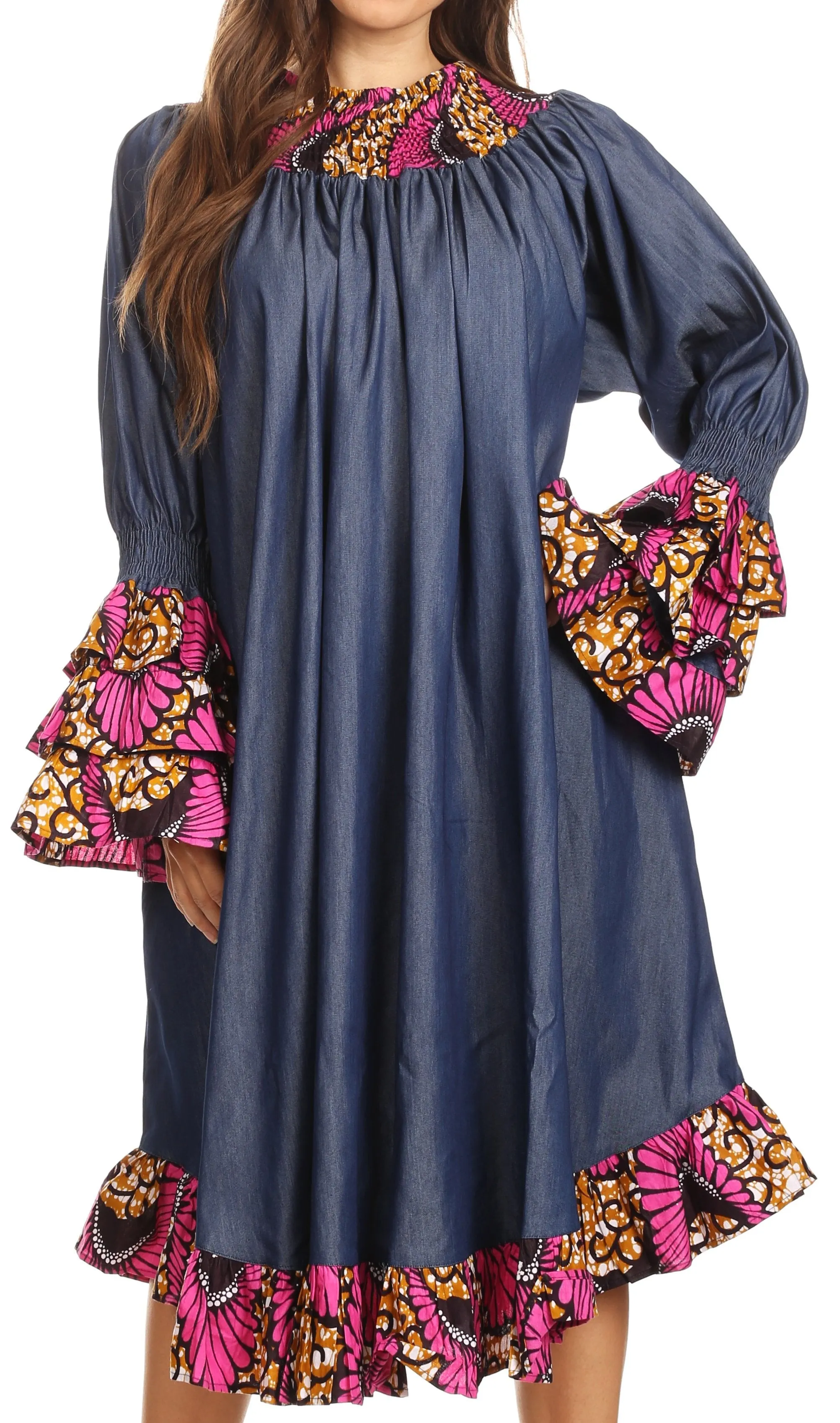 Sakkas Folami Chambray and Ankara Wax Dutch Print Muumuu Dress Relax Fit