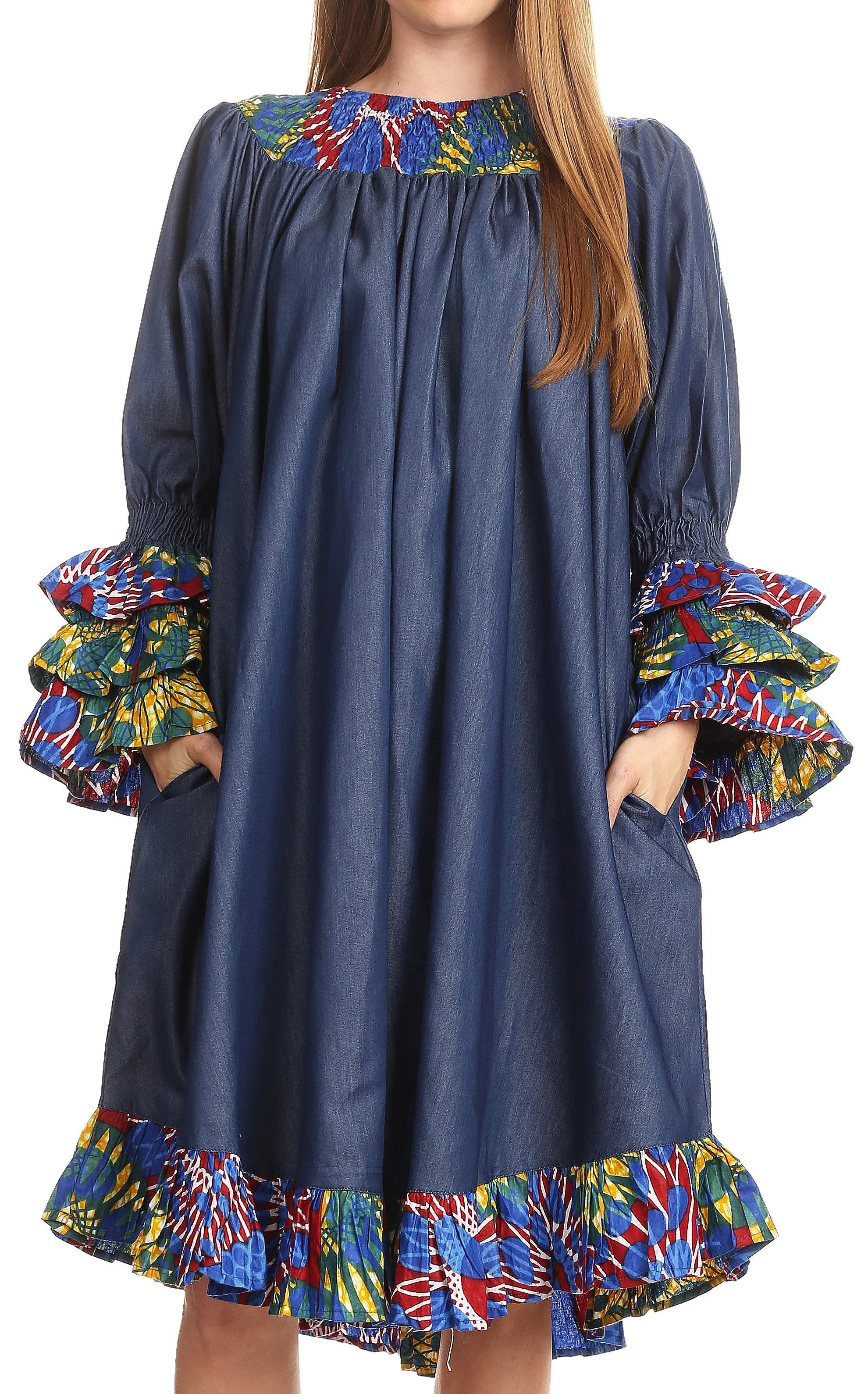 Sakkas Folami Chambray and Ankara Wax Dutch Print Muumuu Dress Relax Fit