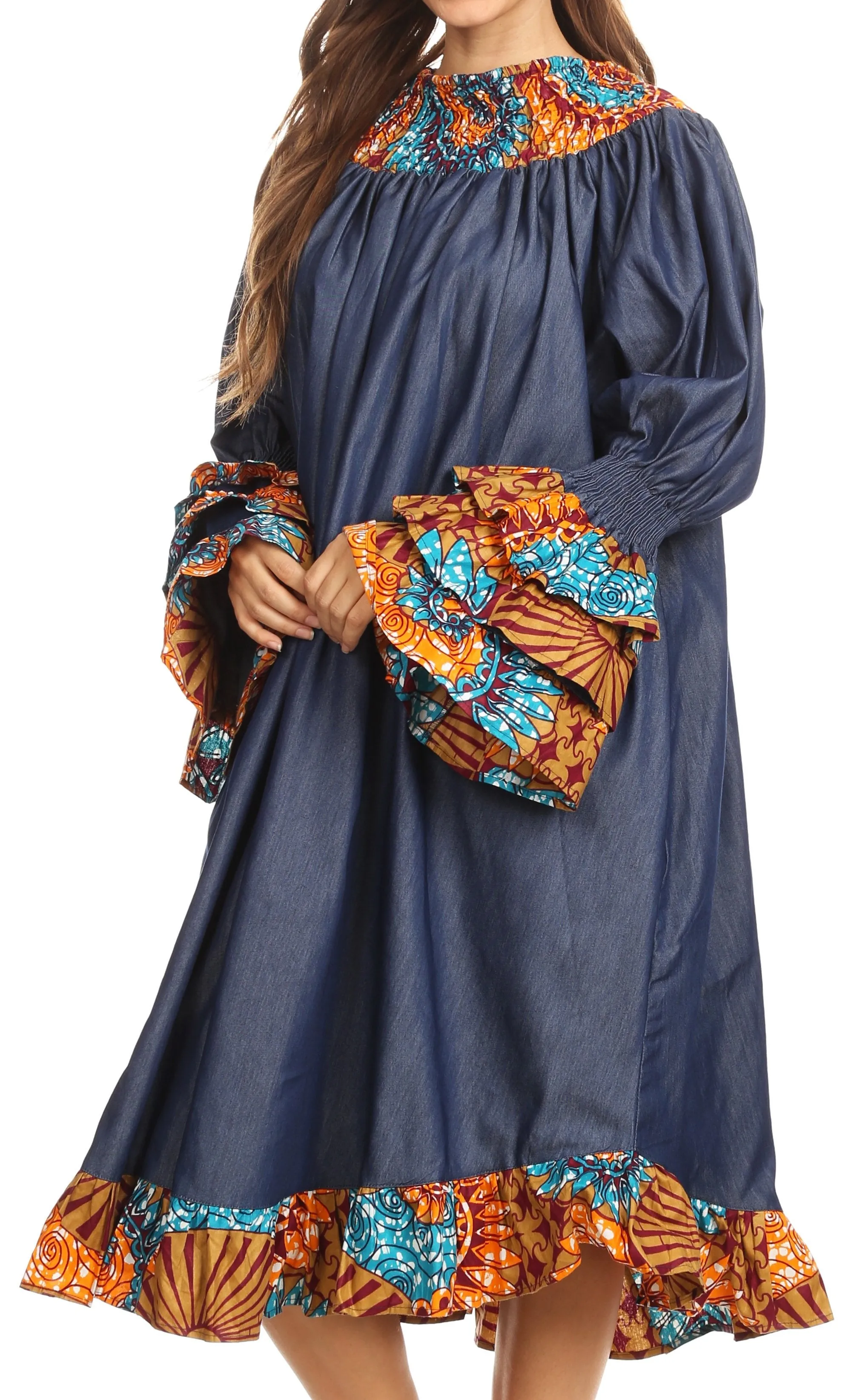 Sakkas Folami Chambray and Ankara Wax Dutch Print Muumuu Dress Relax Fit