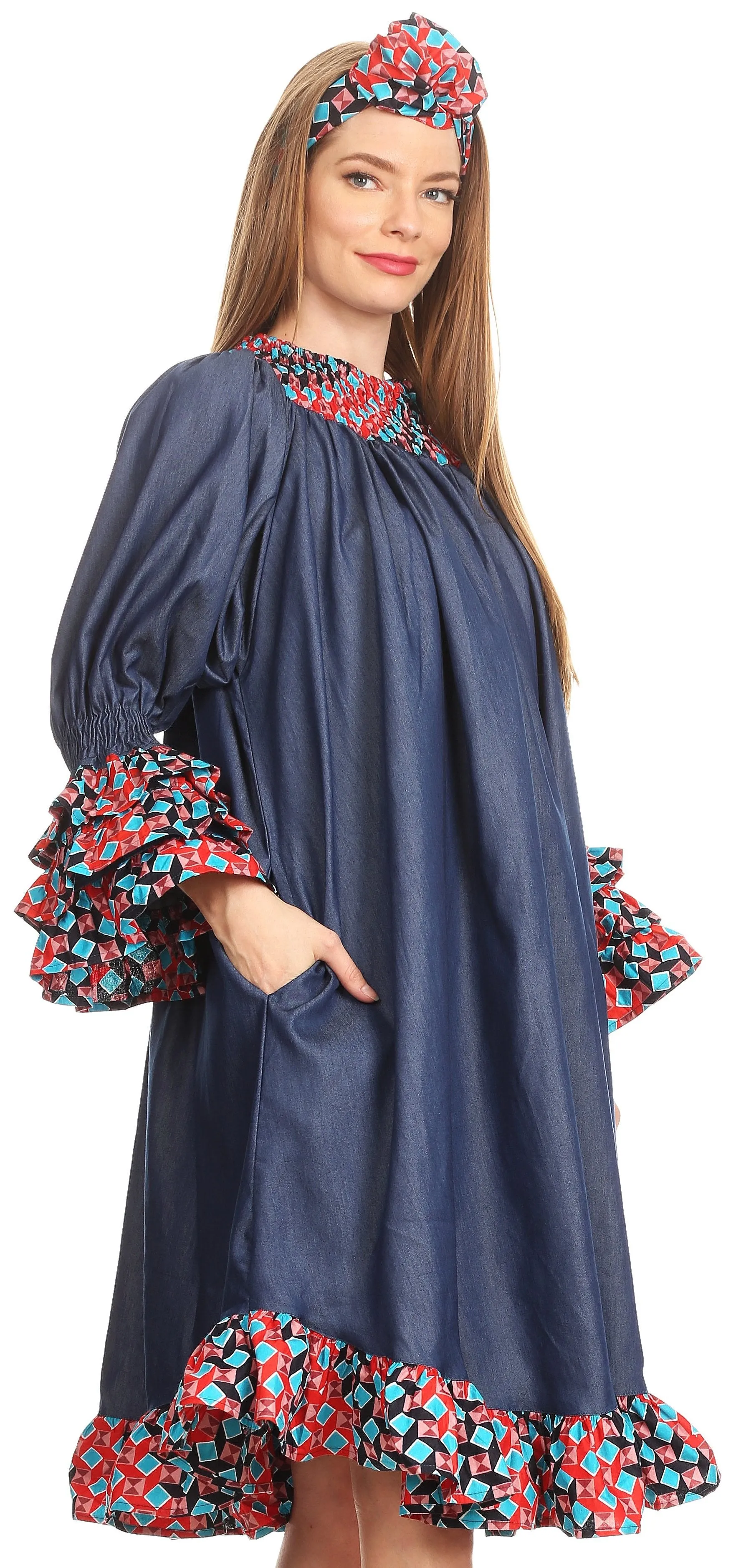 Sakkas Folami Chambray and Ankara Wax Dutch Print Muumuu Dress Relax Fit