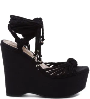 SCHUTZ Kary Black Tie Around Ankle Fabric High Platform Wedge Sandals