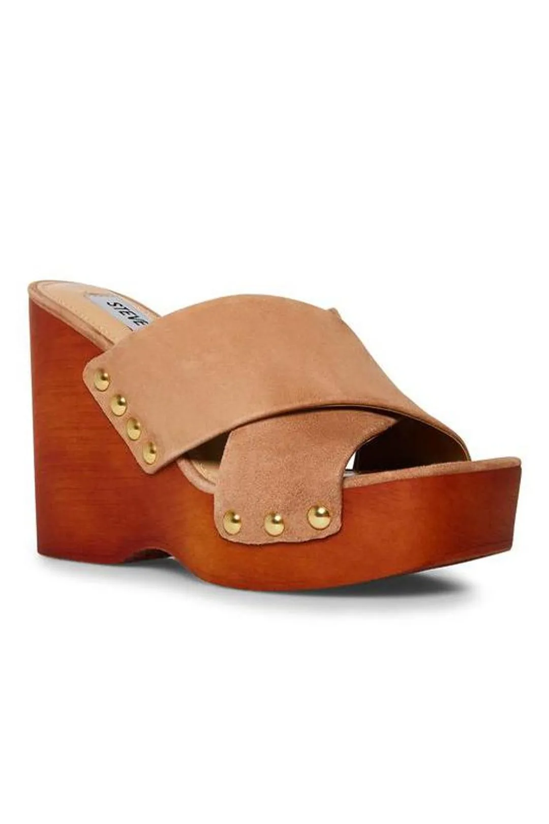 Steve Madden Emiko Upper Metallic Stud Detail Stacked Wood Platform Wedge Slide Sandals Taupe Suede