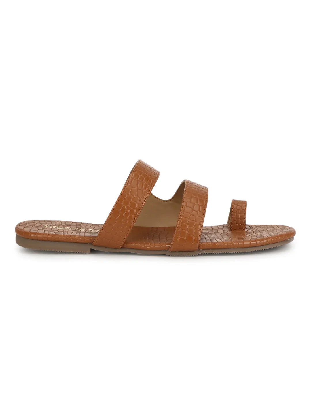 Tan Croc PU Flat Slip On Sandals (TC-RLST16-TAN)