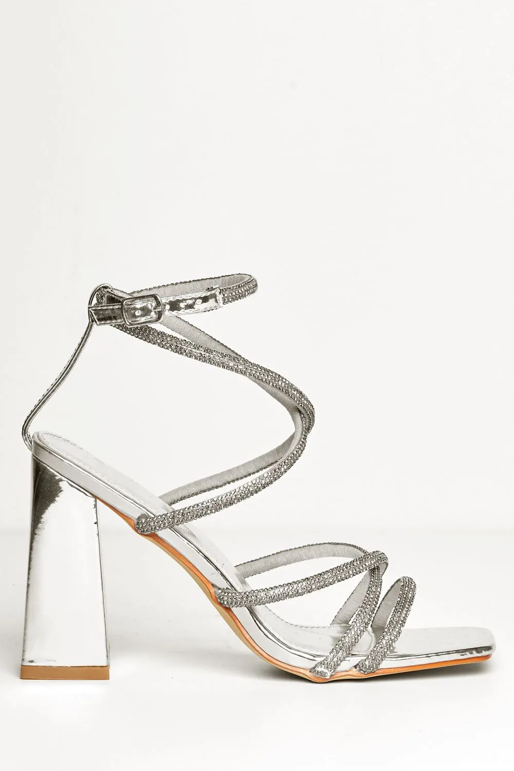 Uiva Strappy Square Toe Block Heel Sandals in Silver