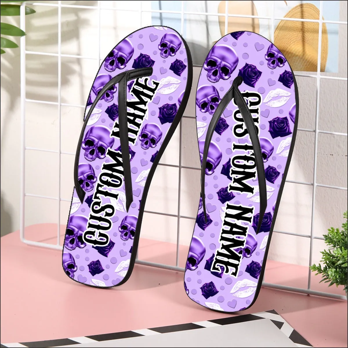 Violet Skull Lips Flip Flops for Women Beach