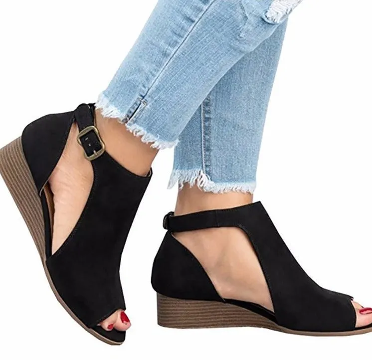 Woman wedge heels sandals chunky mid high heel summer peep toe sandals