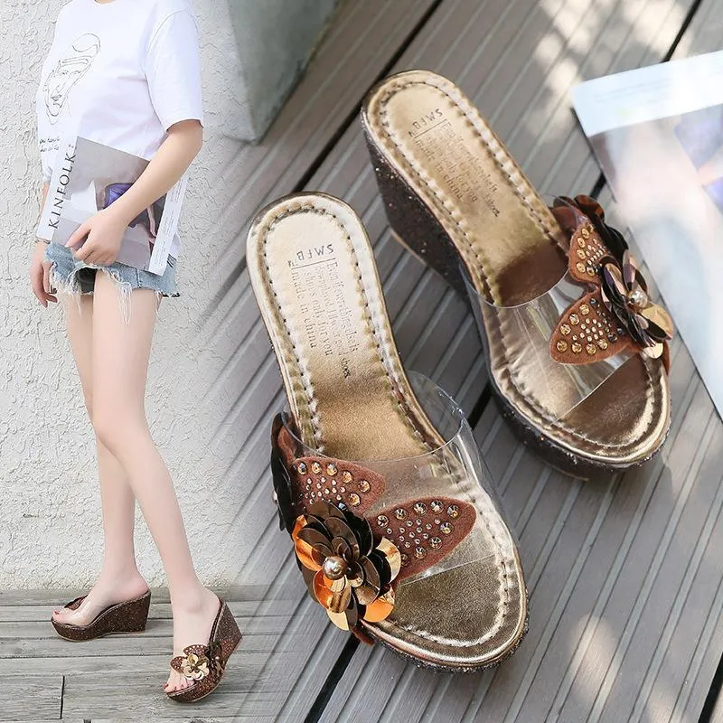 Women flower rhinestone platform wedge slide sandals