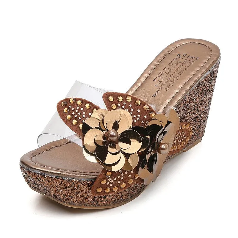 Women flower rhinestone platform wedge slide sandals