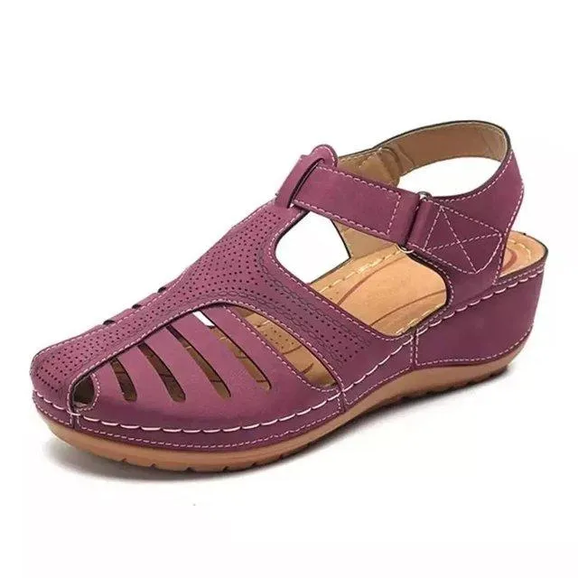 Women Summer Hollow Out Closed Toe Velcro Wedge Sandals