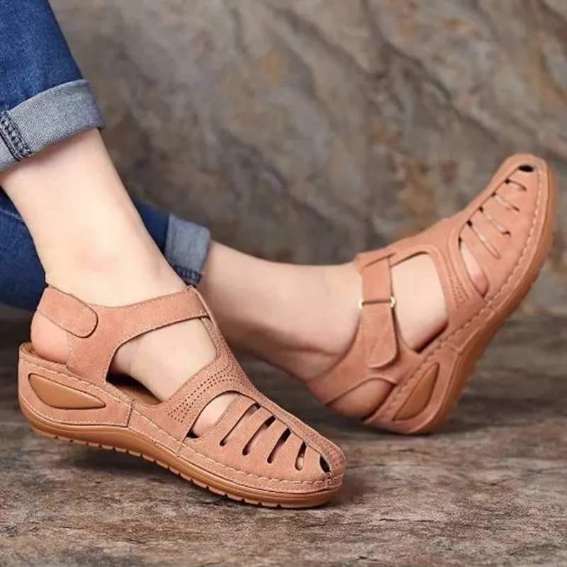 Women Summer Hollow Out Closed Toe Velcro Wedge Sandals