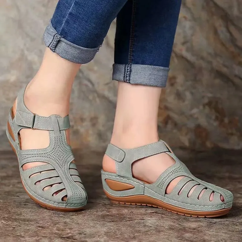 Women Summer Hollow Out Closed Toe Velcro Wedge Sandals