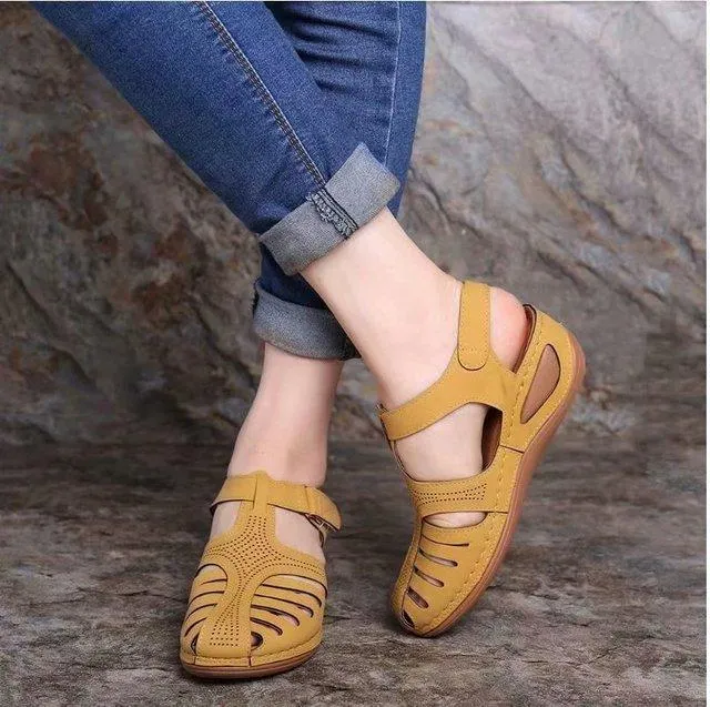 Women Summer Hollow Out Closed Toe Velcro Wedge Sandals