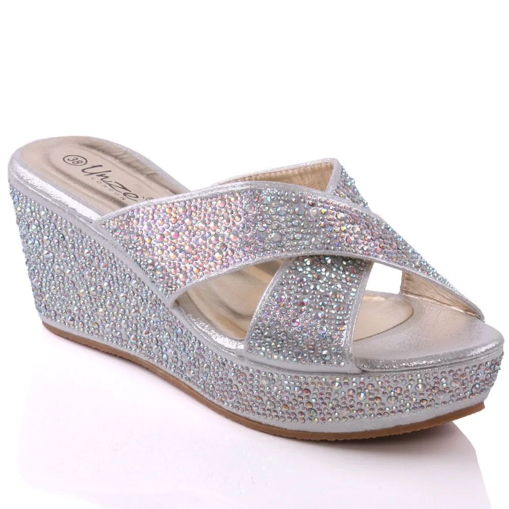 Womens ‘Neema’ Shimmery Crossover strap Wedge Sandals