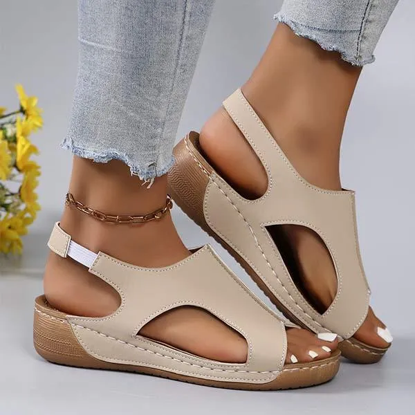 Women's Stitched Velcro Strap Platform Sandals with Wedge Heel 80672117C