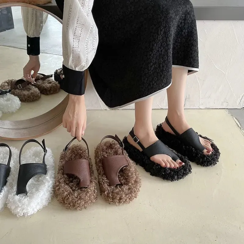 Women's Winter Lamb Wool Plush Roman Sandals - Flip-Flops